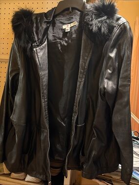 Women's Black Faux Leather Hooded Jacket with Fur Trim